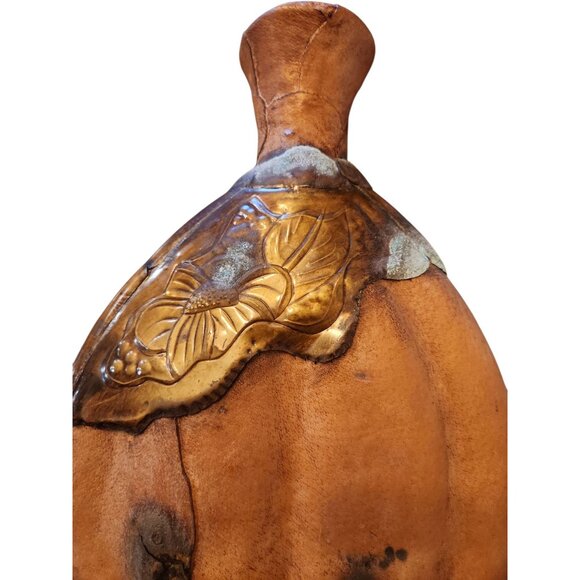 Vintage Handcrafted Leather & Metal Decorative Flask With Floral Embossing - Picture 5 of 6